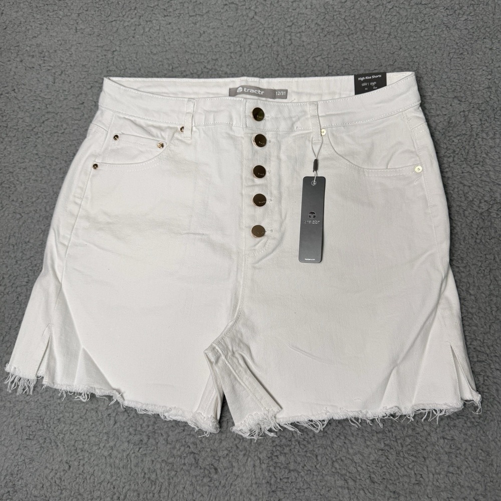 Denim Shorts Tractr White Denim High Rise Shorts 5 Button Front Slim 12/31 NWT
